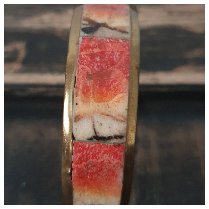 Brass Casing Vintage Apple Coral Inlay Bangle Hippie Boho Style