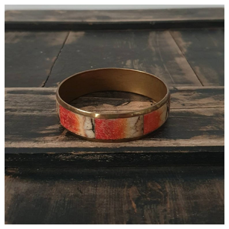 Brass Casing Vintage Apple Coral Inlay Bangle Hippie Boho Style