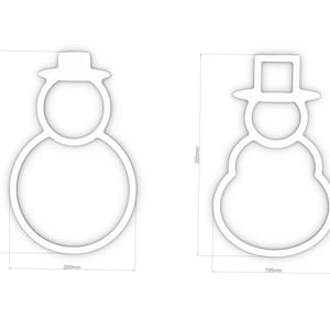 May include: Two white outline snowman cookie cutters, one with a round body and one with a more rounded body. The cutters are 320mm tall and 200mm and 195mm wide.