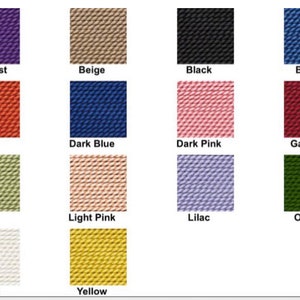 May include: A color chart featuring swatches of various colors, including Amber, Amethyst, Beige, Black, Blue, Brown, Carnelian, Coral, Dark Blue, Dark Pink, Garnet, Green, Grey, Jade, Light Pink, Lilac, Olive, Red, Turquoise, White, and Yellow.