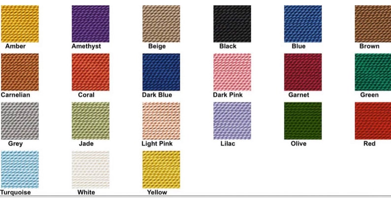 May include: A color chart featuring swatches of various colors, including Amber, Amethyst, Beige, Black, Blue, Brown, Carnelian, Coral, Dark Blue, Dark Pink, Garnet, Green, Grey, Jade, Light Pink, Lilac, Olive, Red, Turquoise, White, and Yellow.