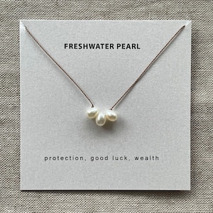 Triple Freshwater Pearl Necklace, Protection, Good Luck, Wealth, June Birthstone, Bridesmaid, Bridal, floating stone, nylon cord, Soulsilk