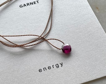 Garnet Necklace- Energy, minimalist gemstone necklace, January birthstone necklace, soulsilk, small gem on a cord, wish necklace