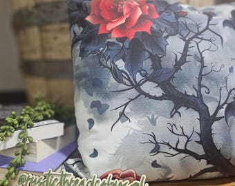 Dark Romance Book Pillow – 16x16 Reading Cushion with Bats, Roses & Thorny Vines