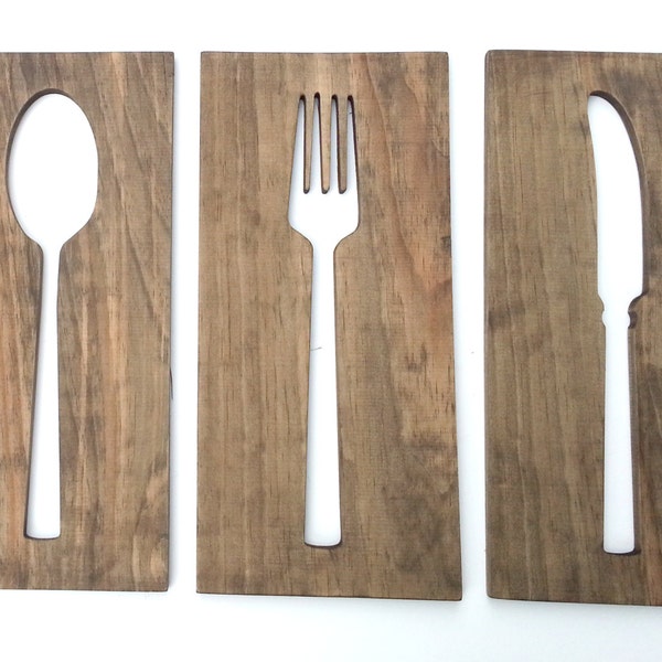 24'' Kitchen Art Fork Spoon Knife Wall Decor Modern Wood Decoration