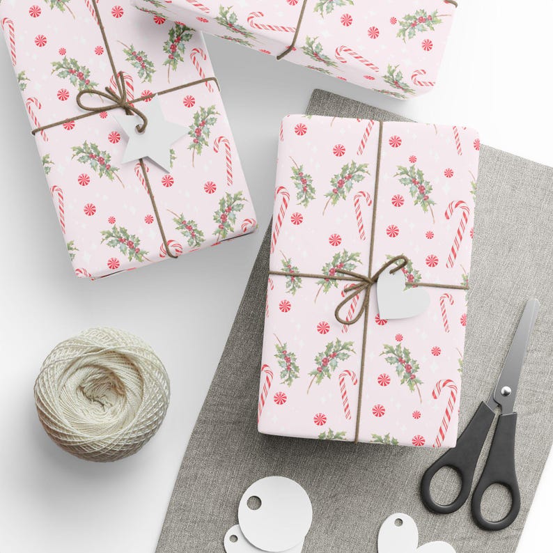 Candy Cane Mistletoe Christmas Wrapping Paper, Pink Holiday Gift Wrap ...