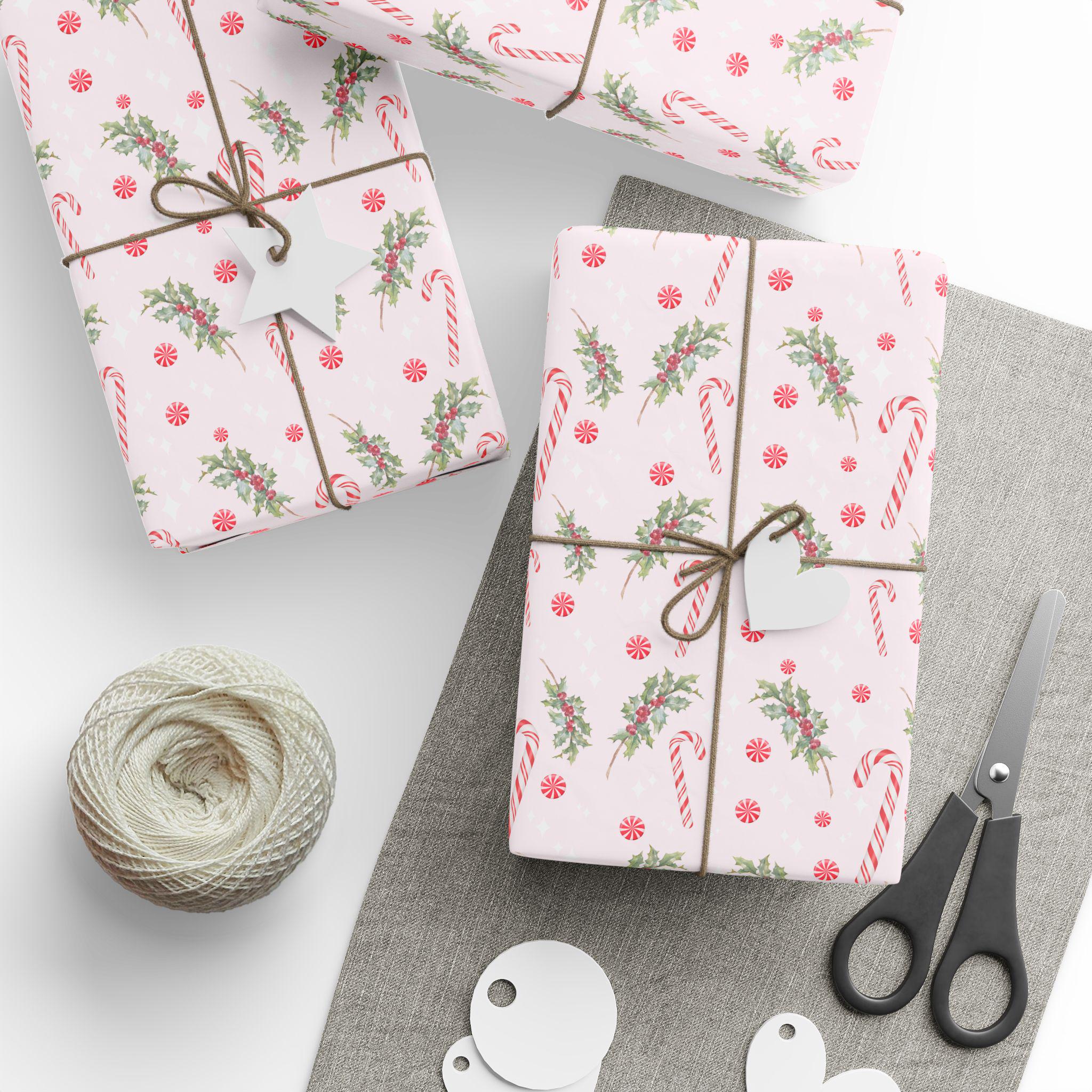 Candy Cane Mistletoe Christmas Wrapping Paper, Pink Holiday Gift Wrap ...