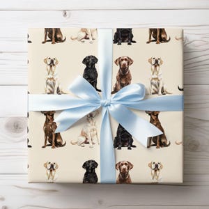 May include: Gift-wrapped present featuring wrapping paper with a repeating pattern of Labrador Retrievers in various colors. A light blue satin ribbon and bow adorn the package. The dogs are in shades of black, brown, and yellow.