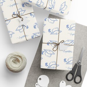 Graduation Gift Wrap, Congrats Mortarboard, Off White and Blue image 5