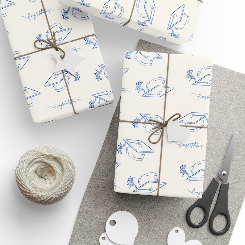 Graduation Gift Wrap, Congrats Mortarboard, Off White and Blue image 5