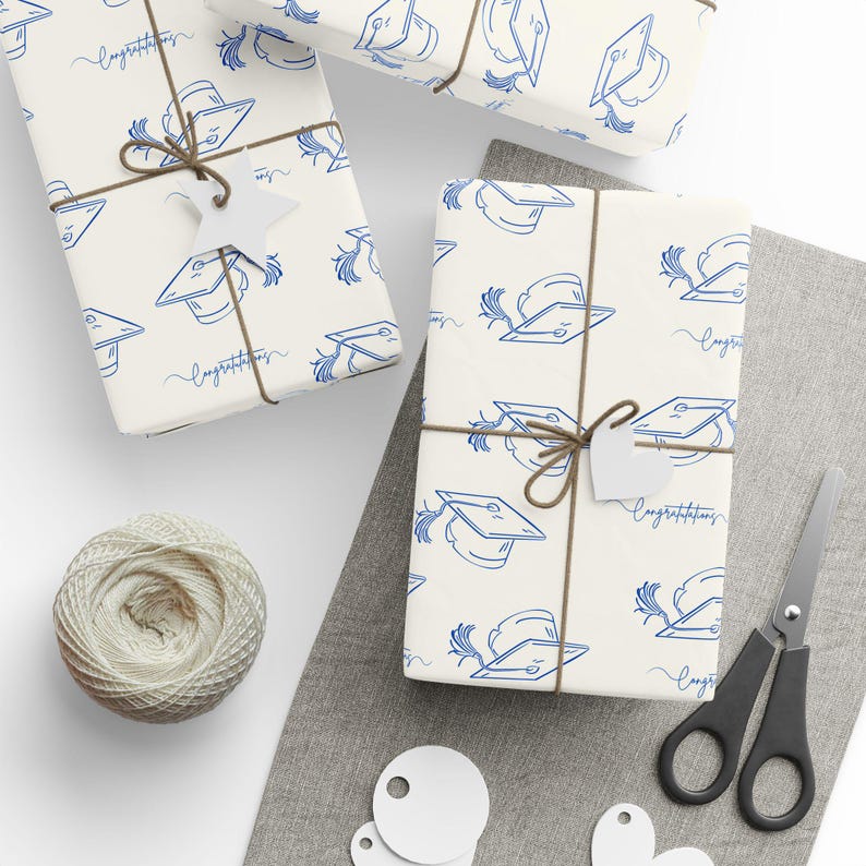 Graduation Gift Wrap, Congrats Mortarboard, Off White and Blue image 7