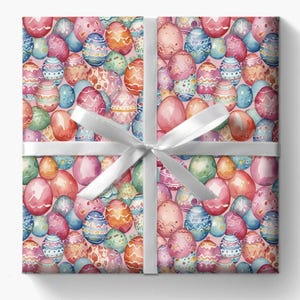 May include: Pink wrapping paper with a repeating pattern of colorful Easter eggs. The eggs are decorated with various designs and colors, including pink, blue, green, yellow, and orange.