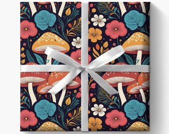May include: A dark blue wrapping paper with a repeating pattern of colorful mushrooms, flowers, and leaves.