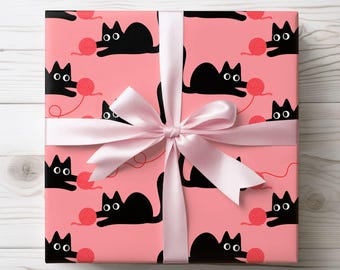 Pink Cat Wrapping Paper, Playful Black Kitty Design for Every Occasion