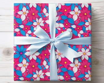 Levendig inpakpapier met roze, witte en blauwe bloemen