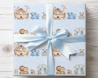 Noah&#39;s Ark Gift Wrapping Paper: Blue Raining Background, Baby Shower