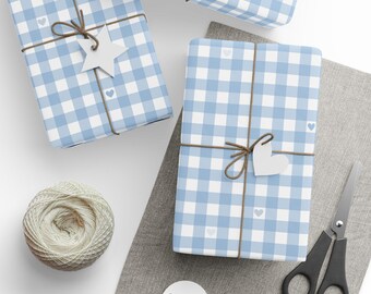 Gingham Blue Wrapping Paper with Small Hearts: Gift Wrap for Men