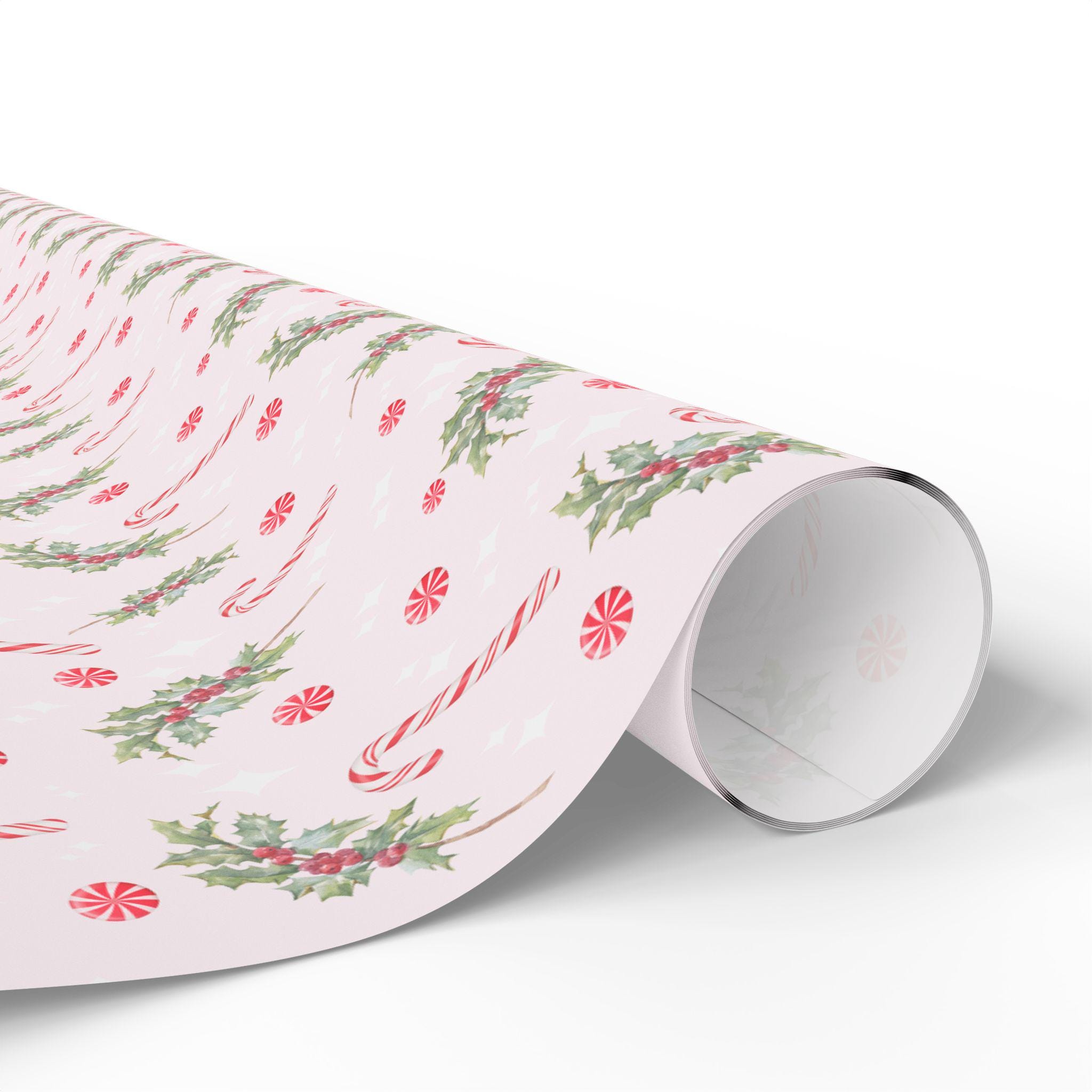 Candy Cane Mistletoe Christmas Wrapping Paper, Pink Holiday Gift Wrap ...
