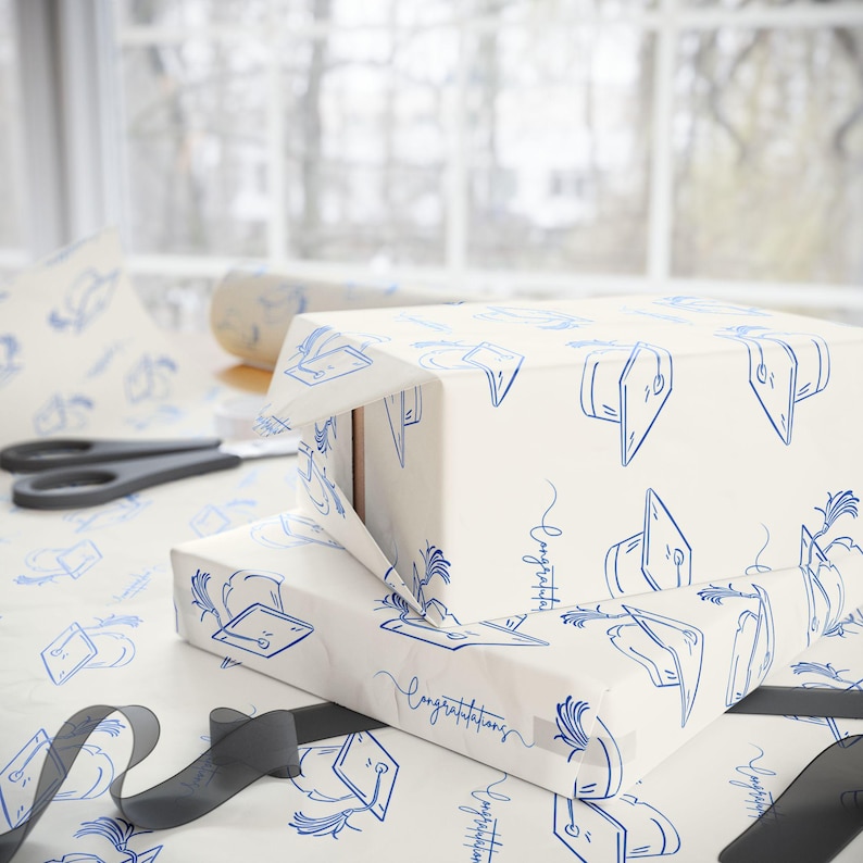 Graduation Gift Wrap, Congrats Mortarboard, Off White and Blue image 3