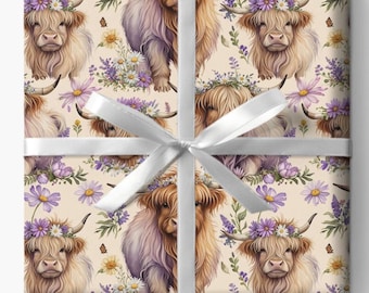 Papel de regalo con estampado peculiar de vaca de las Tierras Altas - Lavanda delicada