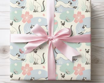 Siamese Cat Wrapping Paper, Floral Butterfly Gift Wrap