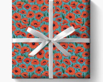 Rote Mohnblumen Geschenkpapier: Florale Geschenkpapier , aquamarinblauer Hintergrund