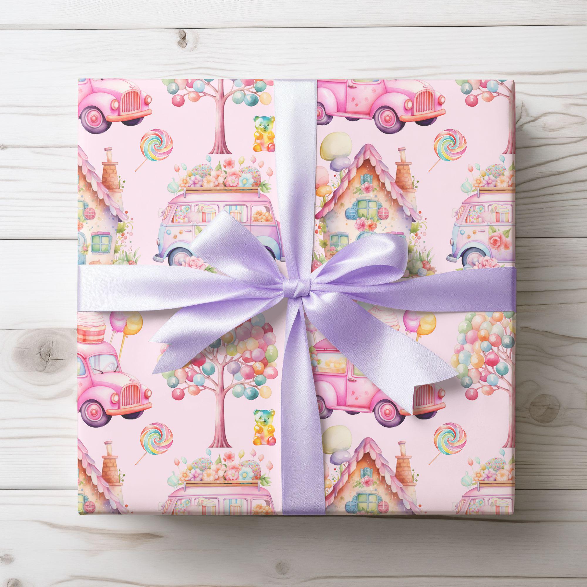 Wrapping Paper, Cute Candyland Themed Pink Gift Wrap Roll, Ideal