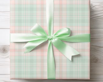 Pastel Plaid Gift Wrapping Paper, Mint & Blush Tartan