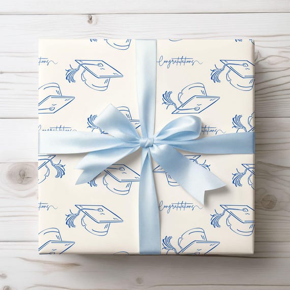 Graduation Wrapping Papers, College Gift Wrap, Graduation Present, Off White and Blue Congrats, School Grad Celebration, High School