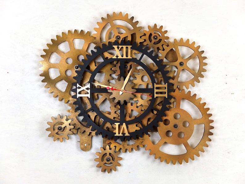 32 Wall Clock. 12 Rotating Gears. Steampunk Wall Clock. Big Bar and Pub Wall Clock. Industrial Wall Decor. image 2