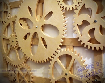 Wooden Kinetic Wall Decor. Mechanical Wall Art. Wooden Rotating Gears Wall Decor Sculpture.