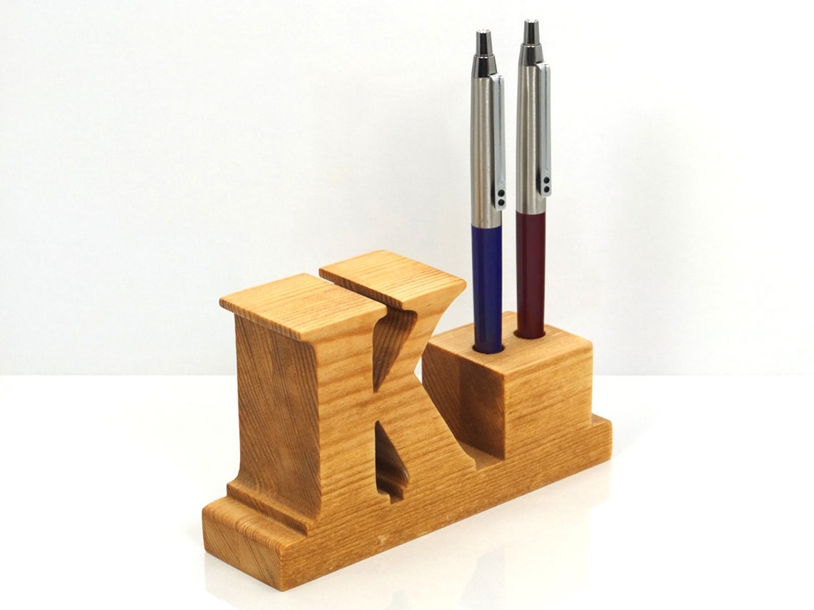 Pen Holder. Personalized wooden desk pen holder with letter Etsy