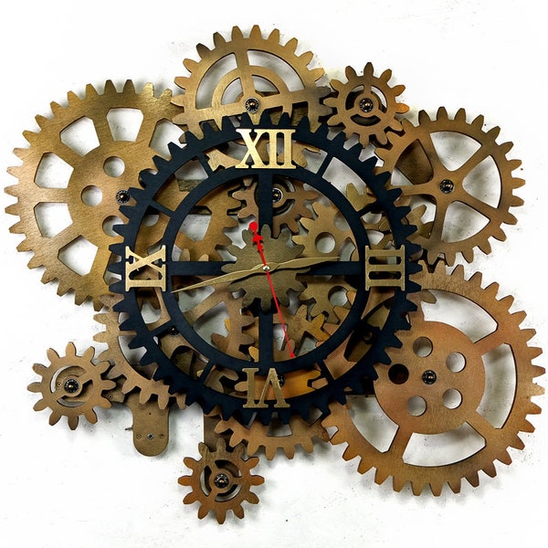 Horloge murale rotative gears de 32 po. Horloge murale industrielle. Grande horloge murale Steampunk avec 12 engrenages auto-rotatifs. Grande horloge murale avec engrenages.