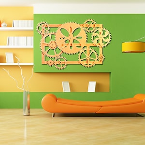 Wooden Mechanical Wall Art. Kinetic Wall Art Decor. Wooden Rotating Gears Wall Decor Sculpture.