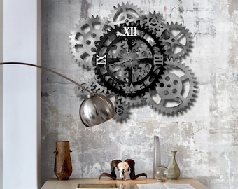 32" Wall Clock. 12 Rotating Gears. White and Black Wall Clock Decor with Moving Gears.