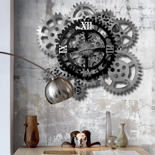 Horloge murale de 32 po. 12 Engrenages rotatifs. Décor d’horloge murale blanc et noir avec engrenages mobiles.