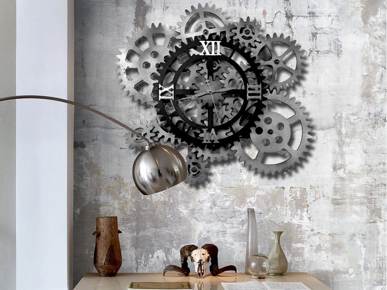 32 Wall Clock. 12 Rotating Gears. White and Black Wall Etsy