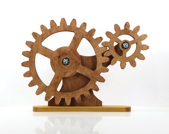 Mechanical Home Decor. Kinetic Decor for Desk. Rotating Wooden Gears Desk Art with Metal Ball Bearings. FREE Shipping!