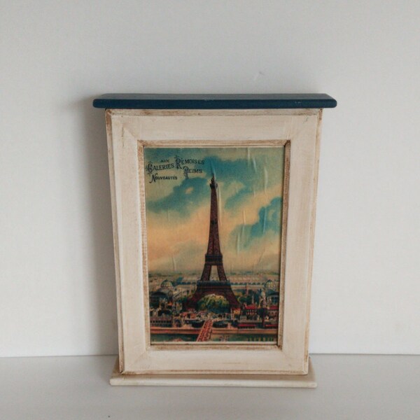 Coral Blue and Vintage Cream Wood Key Box - Eiffel Tower Back Drop Image