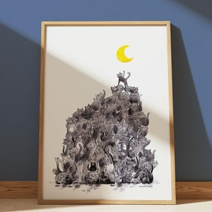 Cartel ilustración Recogiendo la luna - montaña de gatos negros - Formato A3 o A2 - Cartel ilustración gato acuarela - decoración