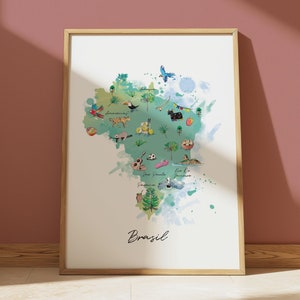 Affiche - Carte du Brésil illustrée - Format A3 ou A2 - reproduction - illustration