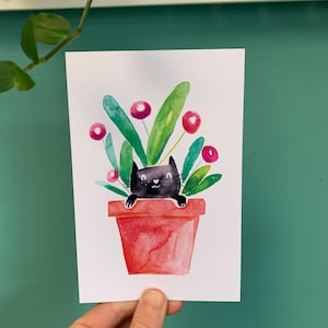 Postal - Chat'pot - ilustração em aquarela - confecção de cartão ilustrado