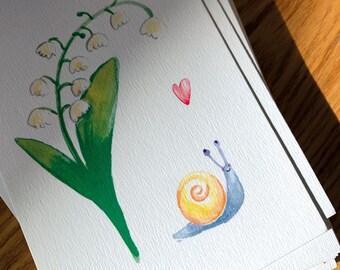 Carte postale - Muguet - illustration aquarelle  1er Mai - Printemps - escargot