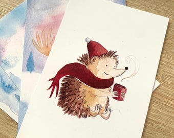 Carte postale - hérisson - illustration aquarelle