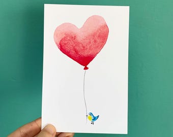Cartão postal - Coração de chapim - ilustração em aquarela - cartão de amor - Dia dos Namorados - amizade - presente