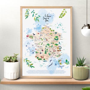Frankreich-Karte-Plakat - Fauna und Flora - Aquarell-Illustration - Poster zum Einrahmen - Karte - Ökologie - Zeichnung der lokalen Fauna und Flora