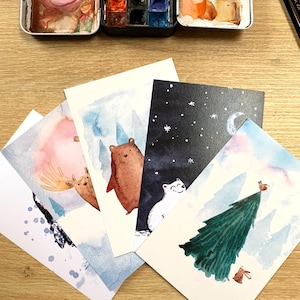 Lot de cartes postales illustrées - illustrations - aquarelle - set de cartes illustrées - pack de cartes - cartes de voeux - noël - hiver