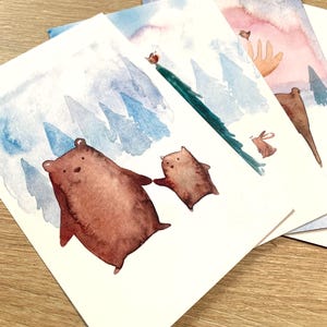 Carte postale - Ours Bruns - illustration aquarelle - carte postale hiver - noel - fête des pères - fête des mères