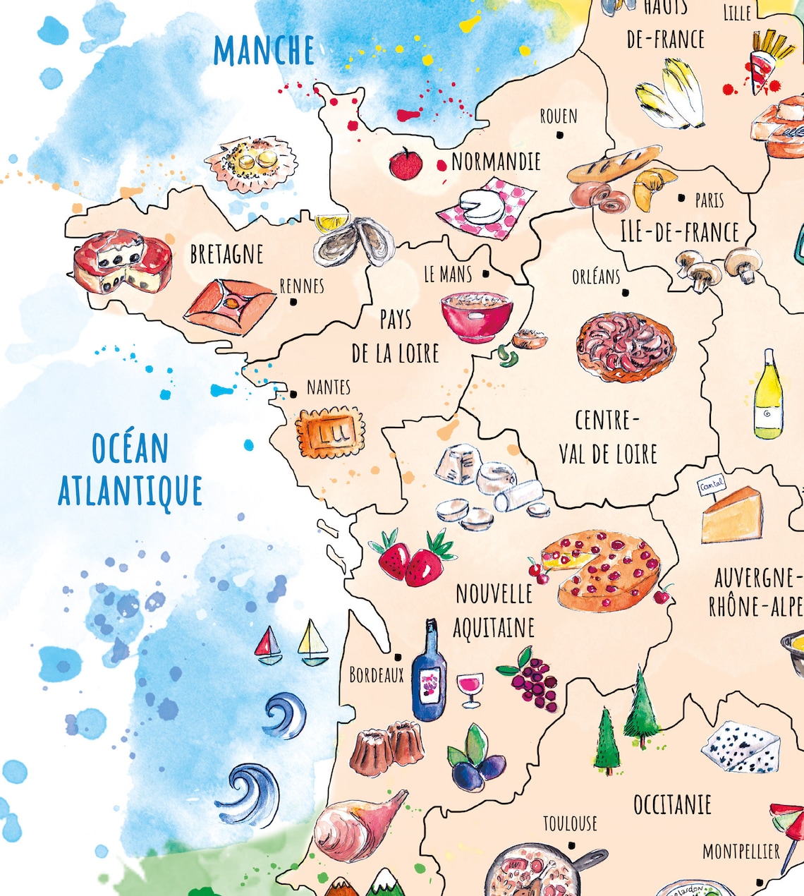 Affiche Carte de France Culinaire Format A3 ou A2 reproduction illustration Etsy France