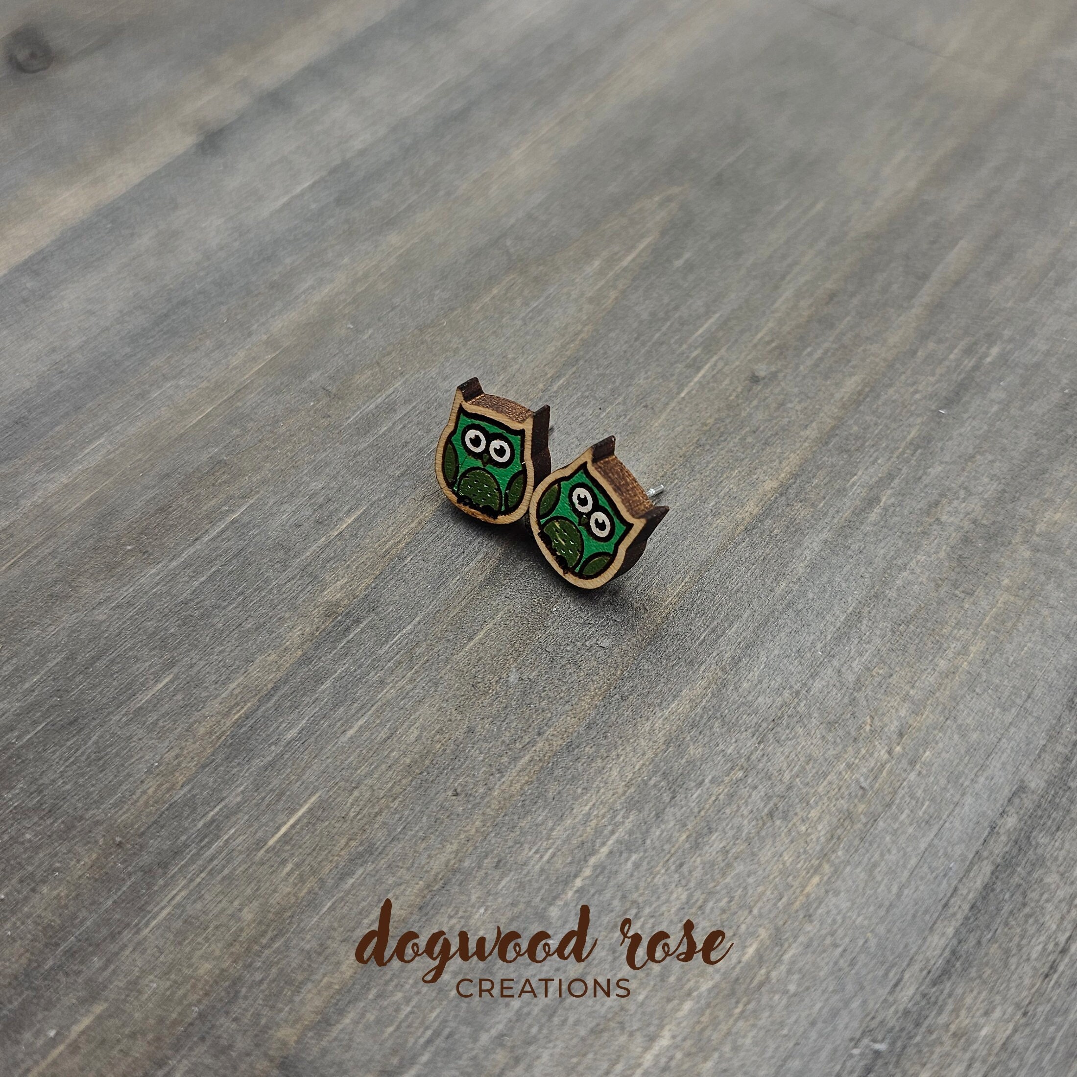 Green Owl Stud Earrings | Wood | Lightweight | Dangle | Owl Earrings | Animal Earrings